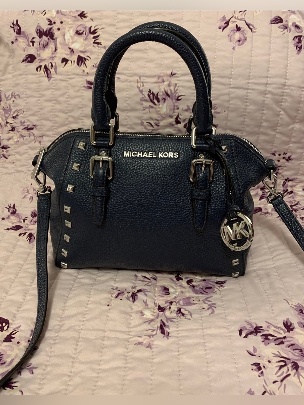 Michael Kors Navy Pebbled Leather Studded Satchel with MK Charm